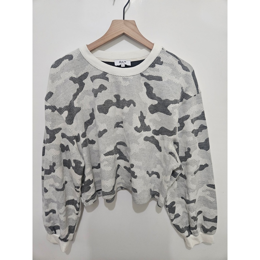 OAT New York Grey Camo Cropped Sweatshirt‎ Womens Large Textured Knit Pullover
